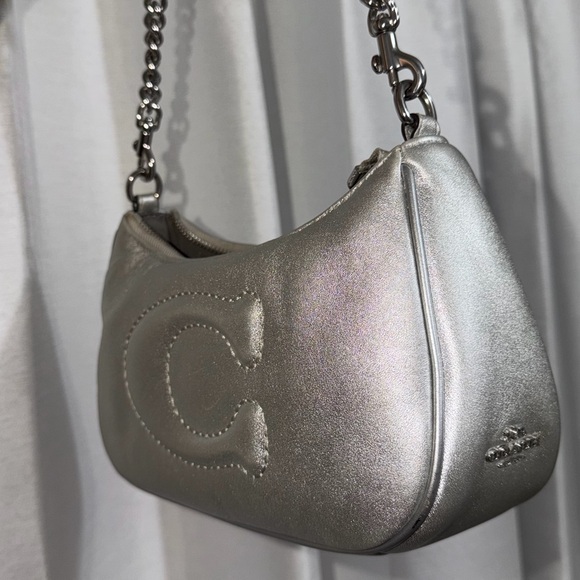 Silver metallic Coach purse with chain strap - Picture 2 of 3